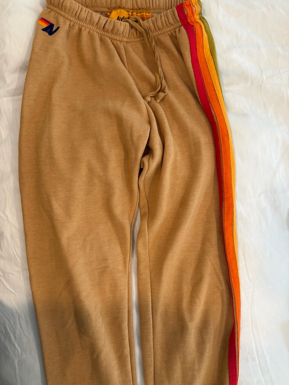 Women’s Aviator Nation Tan Jogger Pants with Rainbow Side Stripe